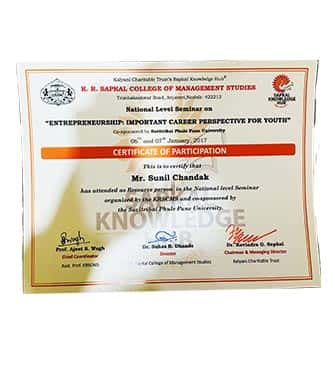 Certificate of Participation from Sapkal knowledge Hub